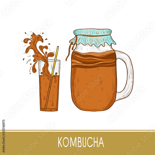 Kombucha. Mushroom. Vessel, straw, glass. Splash, spray. Sketch.