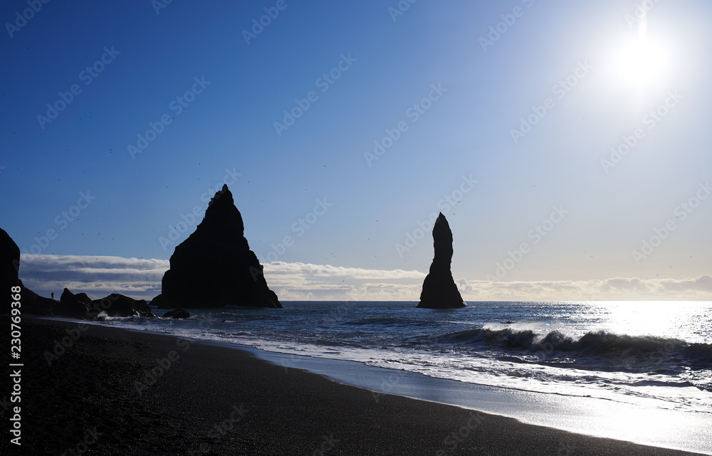 View of the Atlantic Ocean from the coast of Iceland. The Reynisfjara Beach 