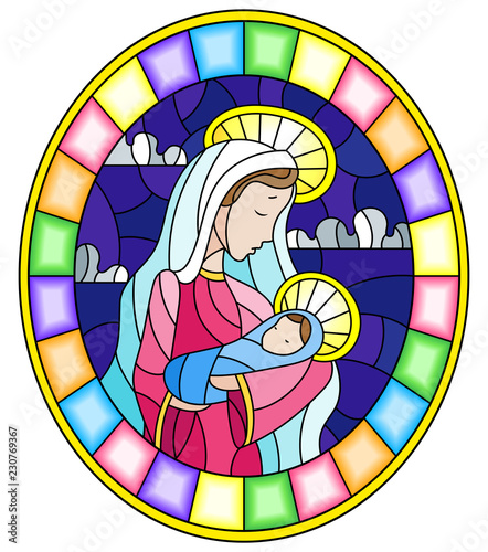 Illustration in stained glass style on biblical theme, Jesus baby with Mary , abstract figures on sky background with clouds, round image in bright frame