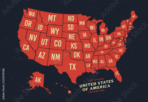 Vintage map of United States of America 50 states vector map isolated on dark background.