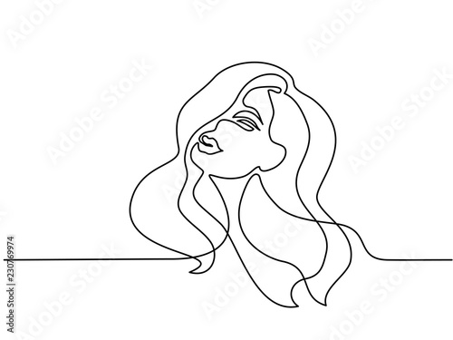 Continuous one line drawing. Abstract portrait of pretty young woman with beautiful hair. Vector illustration
