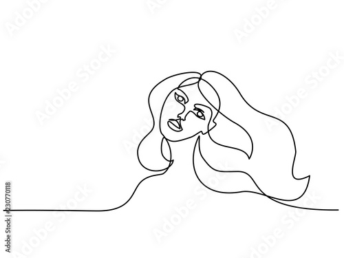 Continuous one line drawing. Abstract portrait of pretty young woman with beautiful hair. Vector illustration