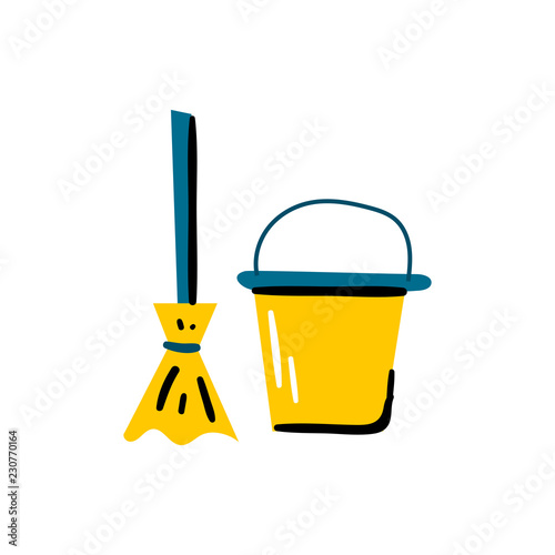 Vector illustration with bucket and mop isolated on white background