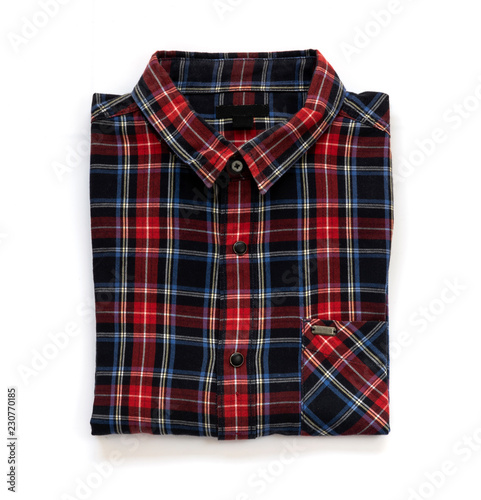 Men’s clothing. Business clothes for men with red shirt isolated on white background, Top view