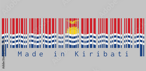 Barcode set the color of Kiribati flag, red and blue with the yellow frigate bird flying over the rising sun and three white wavy  text: Made in Kiribati, concept of sale or business.