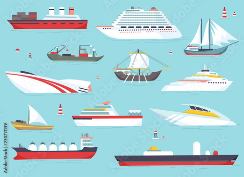 Ships at sea, shipping boats, ocean transport vector icons set