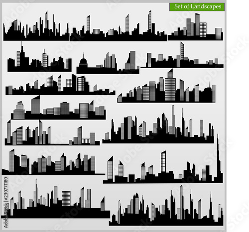 Set of cityscape silhouettes on a light gray background.