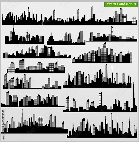 Set of cityscape silhouettes on a light gray background.