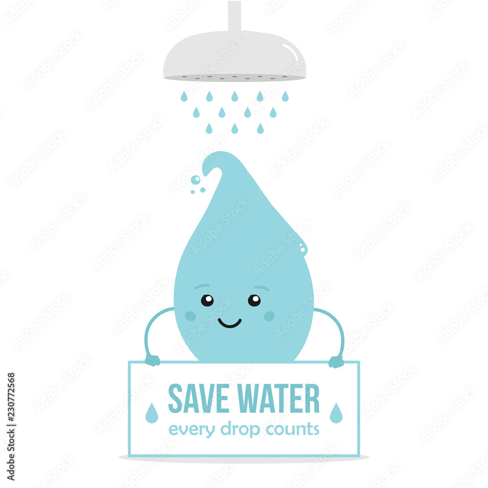 Cartoon doodle water drop character holding card in hands, asking to save  water when taking a shower, cleaning yourself. Stock Vector | Adobe Stock