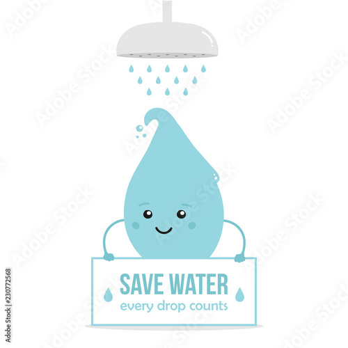 Cartoon doodle water drop character holding card in hands, asking to save water when taking a shower, cleaning yourself.

