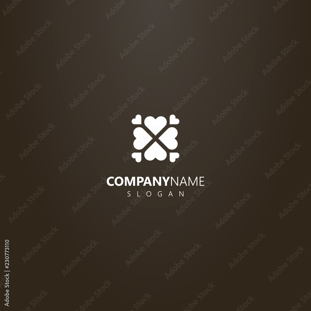 white logo on a black background. simple vector flat art logo of heart-shaped clover with four hearts around white logo on a black background. simple vector flat art logo of heart-shaped clover with four hearts around