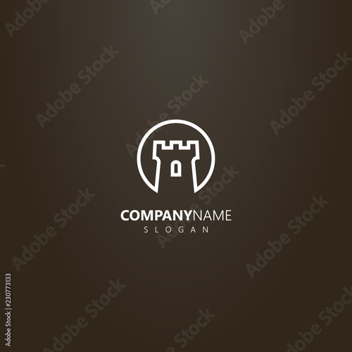 white logo on a black background. simple vector line art logo of medieval castle tower in a round frame