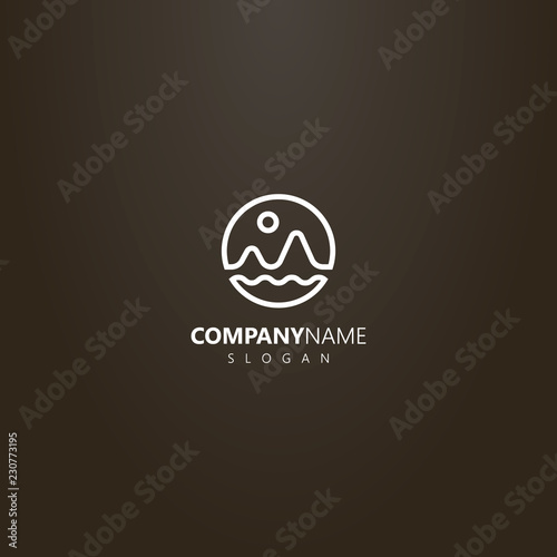 white logo on a black background. simple vector line art logo of the landscape of two mountains  the sun and the waves of water