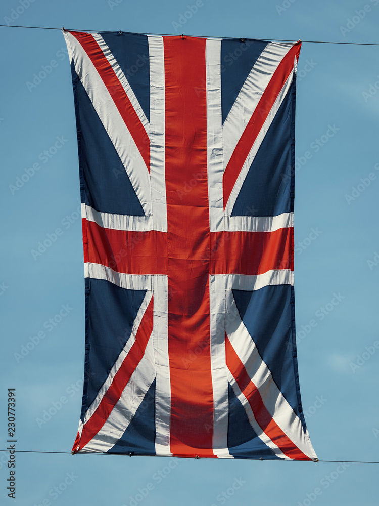 British flag or Union Jack. A vertically hanging flag representing the