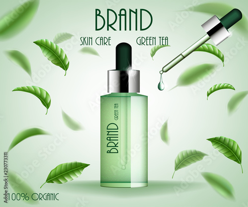 Cosmetic ads template treatment. Green tea skin care serum bottle with tea leaves and essence drop. 3d cosmetic product design illustration