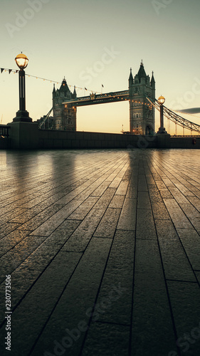 Tower Bridge at dawn. Low level view from in front of City Hall