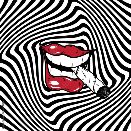 Vector hand drawn illustration of mouth biting a cigarette on the hypnotic background. Template for card, poster, banner, print for t-shirt.