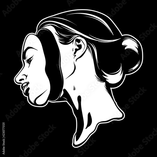 Vector hand drawn illustration of young beautiful woman. Surreal tattoo artwork.  Template for card, poster, banner, print for t-shirt.