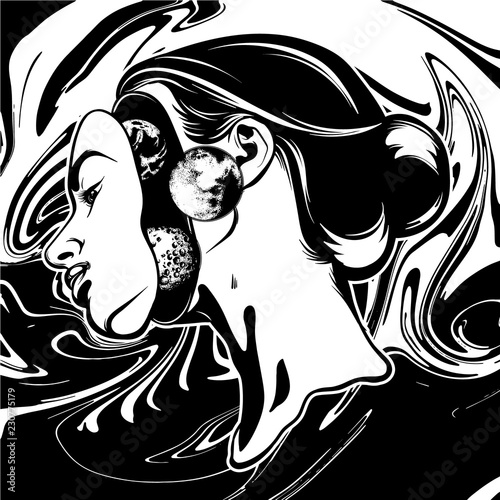 Vector hand drawn illustration of young beautiful womanand planets. Creative texture. Template for card, poster, banner, print for t-shirt.