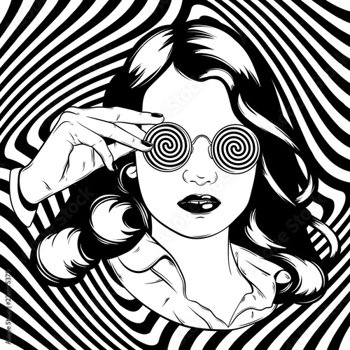 Vector hand drawn illustration of pretty girl in sunglasses. Surreal artwork. Female portrait isolated. Template for card, poster, banner, print for t-shirt.