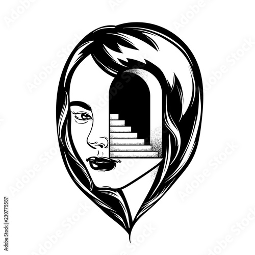 Vector hand drawn illustration of female head with door and stairway. Tattoo artwork. Template for card, poster, banner, print for t-shirt. photo