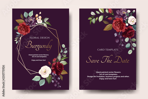 Set of card with flower rose, leaves. Wedding ornament concept. Floral poster, invite. Vector decorative greeting card or invitation design background
