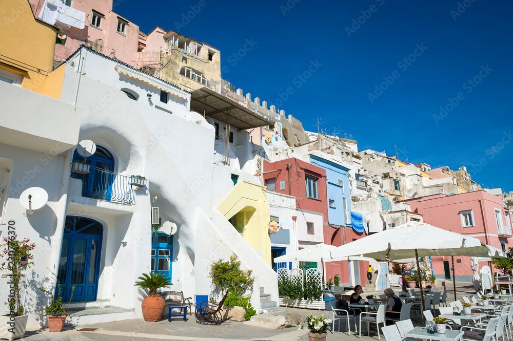 Scenic view of the colorful Mediterranean village of Marina Corricella on the Italian island of Procida