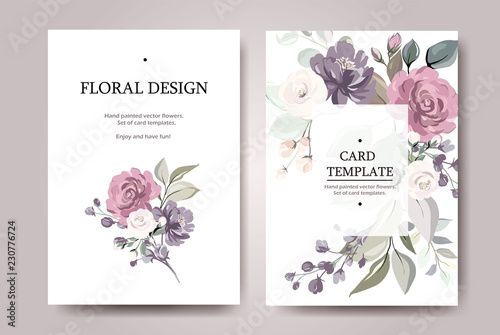 Set of card with flower rose, leaves. Wedding ornament concept. Floral poster, invite. Vector decorative greeting card or invitation design background