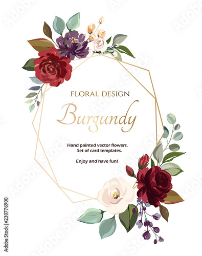  card with flower rose, leaves. Wedding ornament concept. Floral poster, invite. Vector decorative greeting card or invitation design background