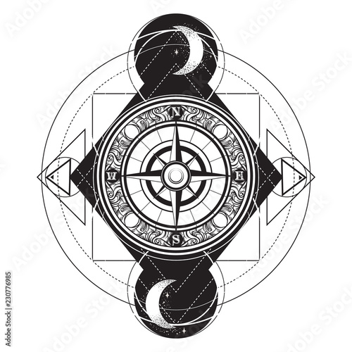 Vector hand drawn illustration of vintage compass. Tattoo artwork. Template for card, poster, banner, print for t-shirt.