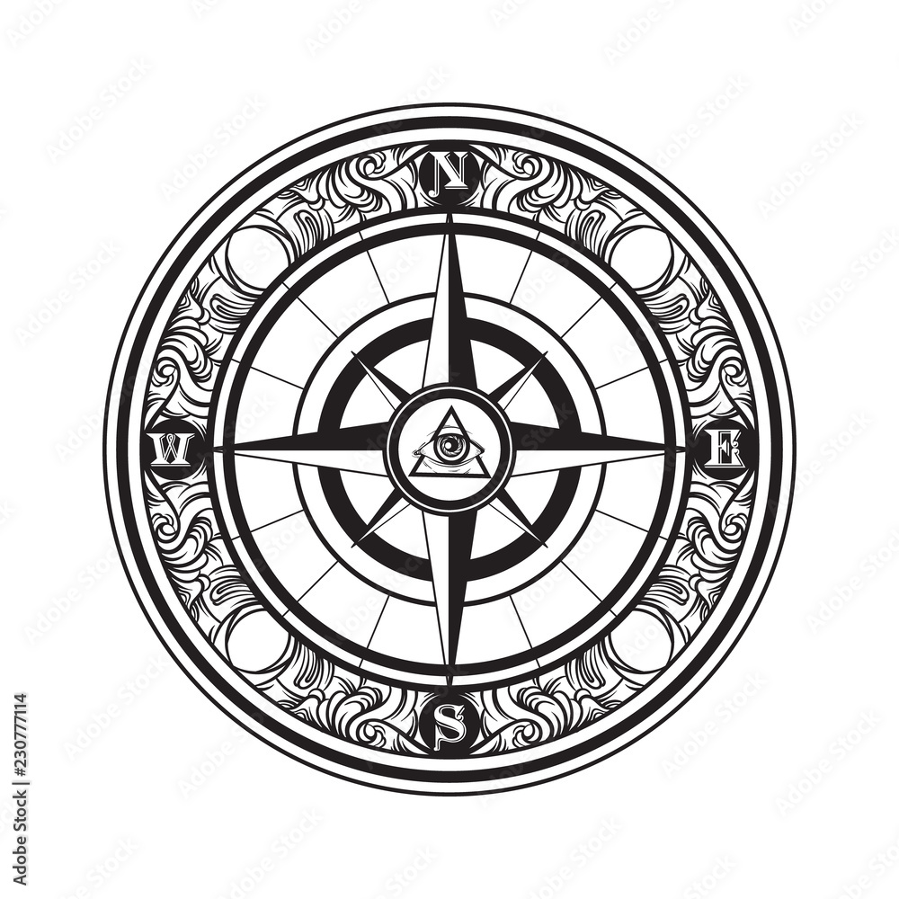 Vector hand drawn illustration of vintage compass. Tattoo artwork with