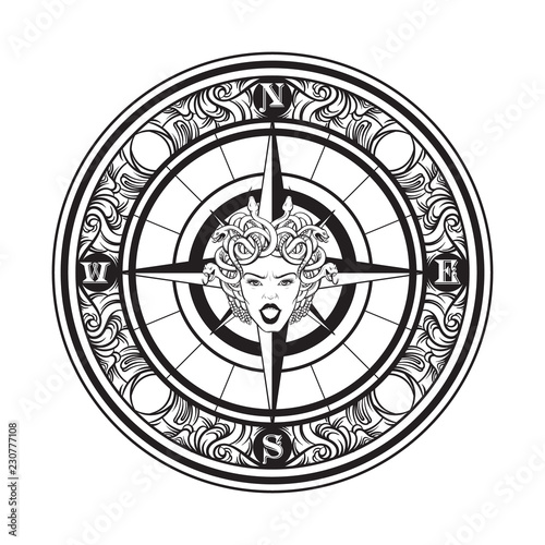 Vector hand drawn illustration of vintage compass. Tattoo artwork with portrait of Gorgon. Template for card, poster, banner, print for t-shirt.