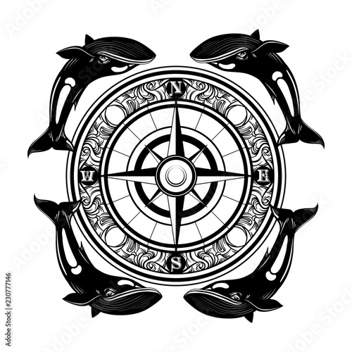 Vector hand drawn illustration of vintage compass and whales. Tattoo artwork. Template for card, poster, banner, print for t-shirt.