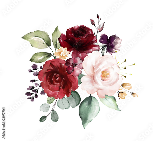  watercolor burgundy flowers. floral illustration, Leaf and buds. Botanic composition for wedding, greeting card. branch of flowers - abstraction roses