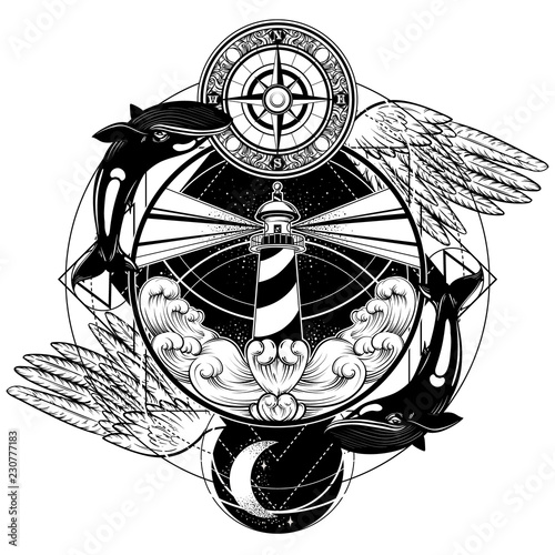 Vector hand drawn illustration of lighthouse with rays, waves, wings,whales and vintage compass. Tattoo artwork. Template for card, poster, banner, print for t-shirt.