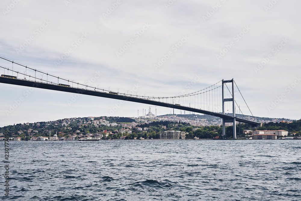 The Bosphorus Bridge connects the Asian side and the European side in Istanbul