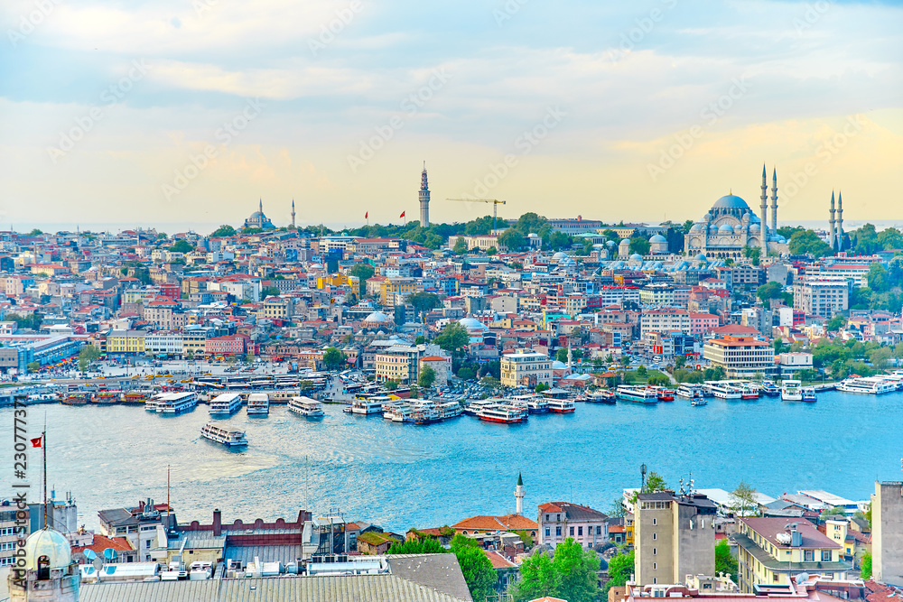 Fototapeta premium Top view from Galata Tower in Istanbul at sunset time