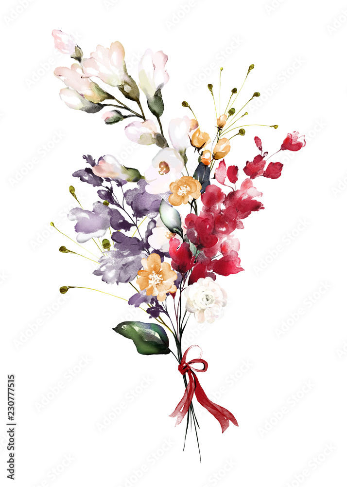 watercolor flowers. floral illustration, Leaf and buds. Botanic ...
