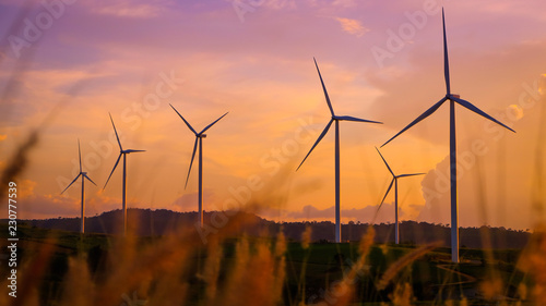 Wind turbines produce electricity and sunlight during sunset.