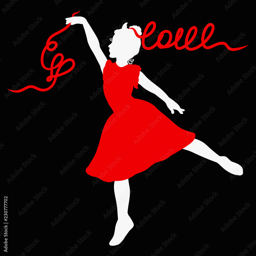 Charming young princess, nice dancer in a red dress, heart and the word LOVE Charming young princess, nice dancer in a red dress, heart and the word LOVE