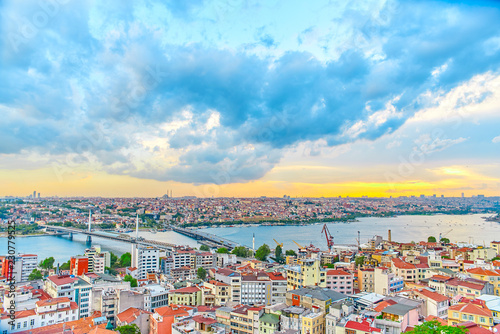Top view from Galata Tower in Istanbul at sunset time