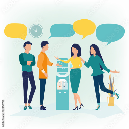Vector illustration in flat cartoon style. Group of people standing near water cooler or dispenser drink water and discuss social network, news, chat, dialogue speech bubbles. Can use for landing page