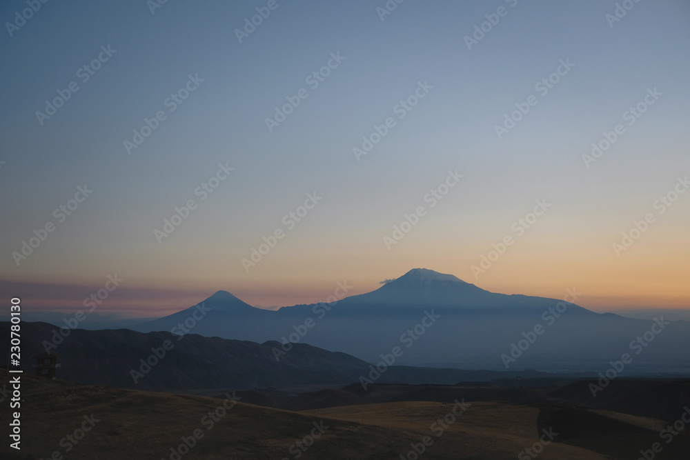 View of the majestic mount Ararat at sunset from Armenia.