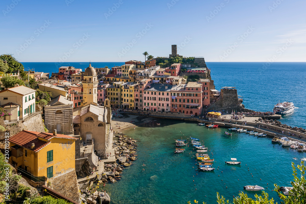 Aerial view of the colorful historic center of Vernazza, Cinque Terre, Liguria, Italy