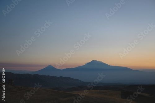 View of the majestic mount Ararat at sunset from Armenia.