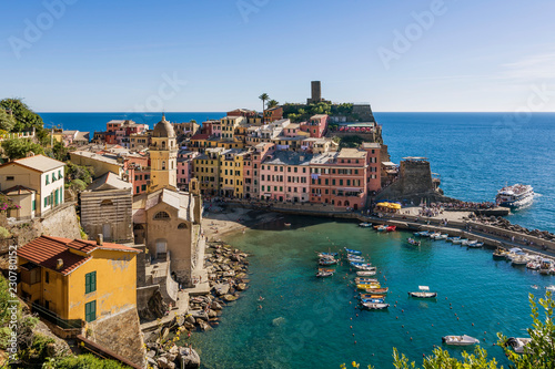 Aerial view of the colorful historic center of Vernazza, Cinque Terre, Liguria, Italy