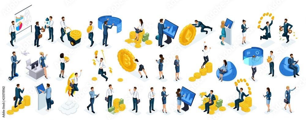Isometric big set businessmen and business ladies use virtual screens to buy online crypto currency, modern technology, young entrepreneurs