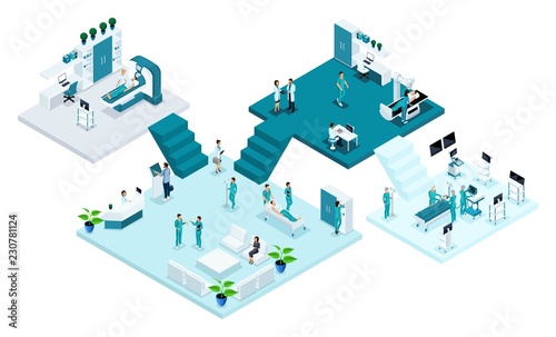 Isometric room of the hospital, Healthcare and innovative technology, medical personnel, patients, examination and diagnosis of the disease, surgery