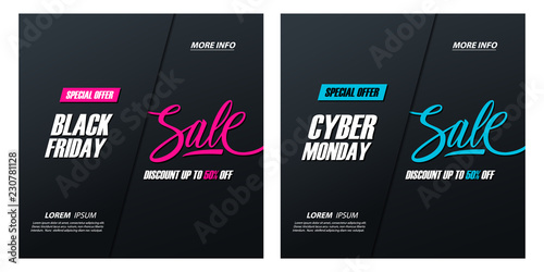 Black Friday Sale and Cyber Monday Sale special offer promotional cards with hand lettering, discount up to 50% off, for  business, promotion and advertising. Vector illustration.