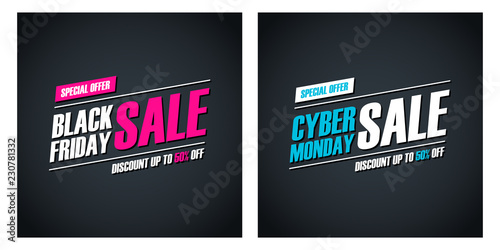Black Friday Sale and Cyber Monday Sale special offer promotional cards for  business, promotion and advertising. Discount up to 50% off. Vector illustration.